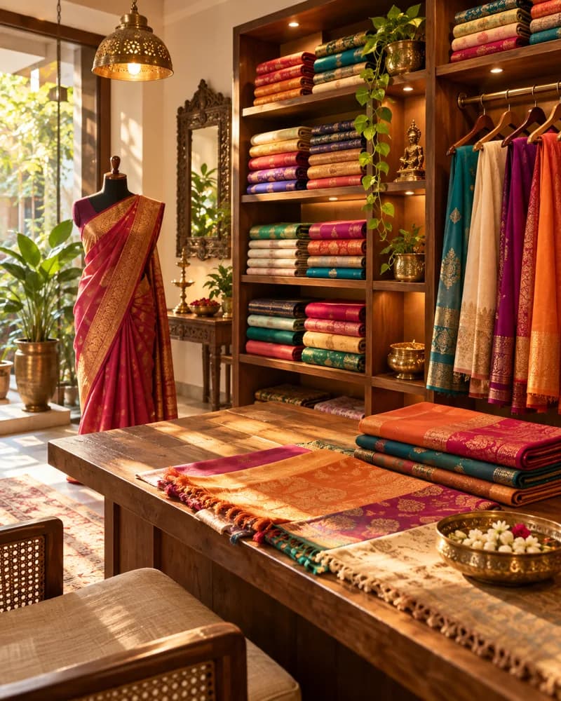 A warm saree boutique interior, illustrative image
