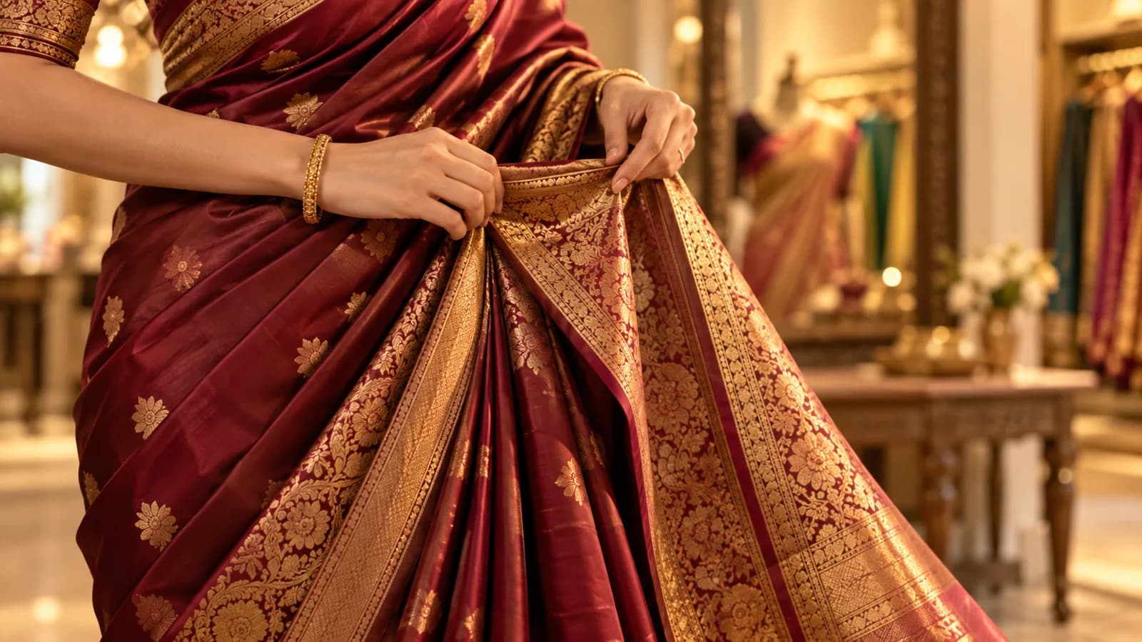 Maroon and gold silk saree draping inspiration