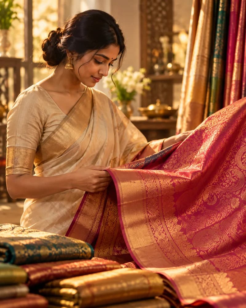 An anonymous artisan examining silk, illustrative image
