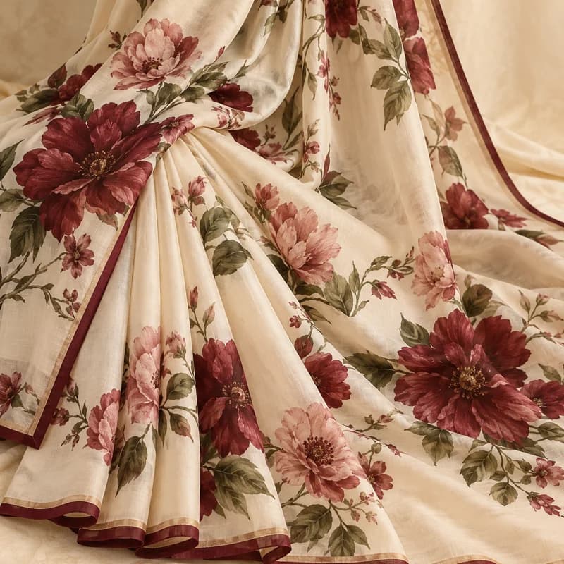 Ivory saree with flat printed maroon and pink floral designs