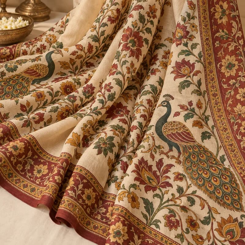 Cream saree with printed Kalamkari-style vines and peacock motifs