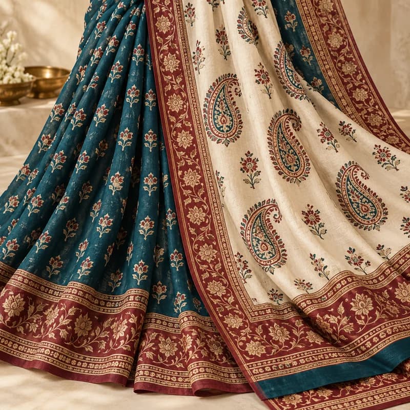 Teal and ivory saree with printed traditional paisley motifs